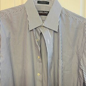 Kirkland Signature White Dress Shirt with Navy Pinstripes